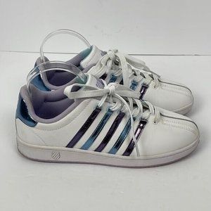 K Swiss Classic Varsity Sneakers White w Purple Blue Stripes Women's 6.5 retro